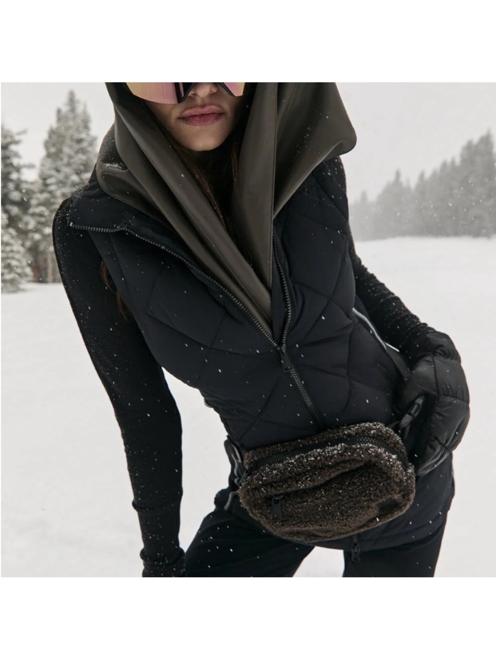Alp N Rock Black Quilted Puffer Vest with Olive Hood Layer